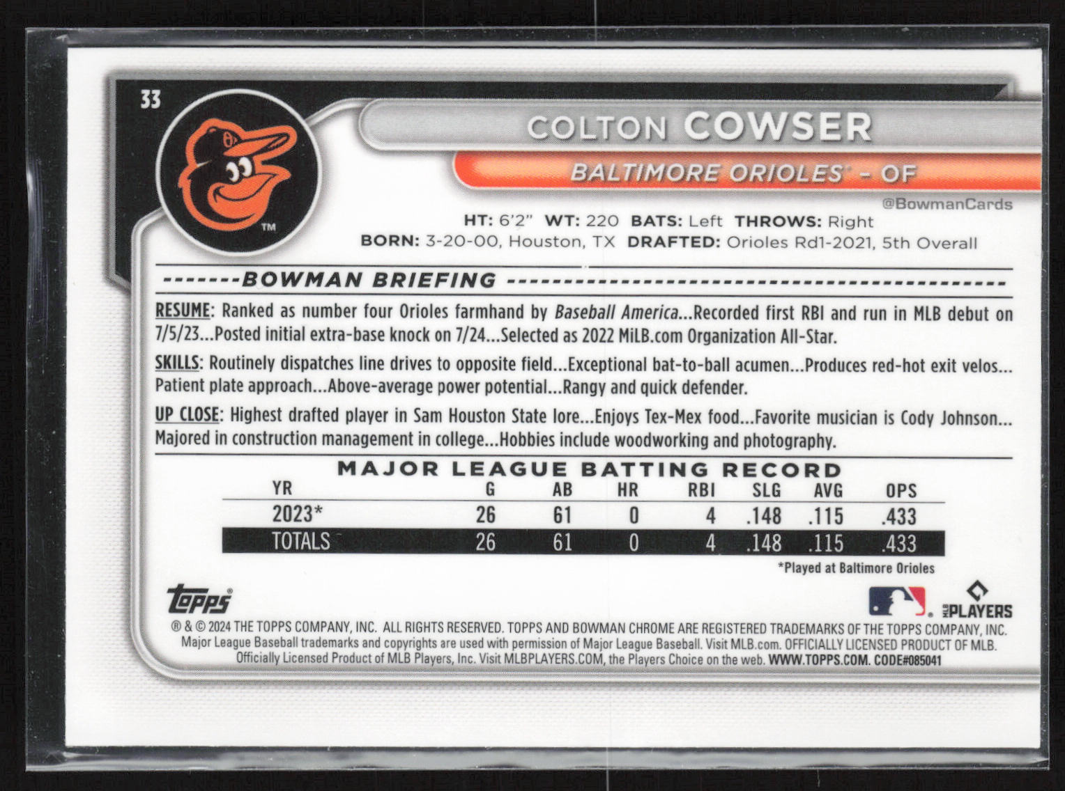 2024 Bowman Chrome #33 Colton Cowser