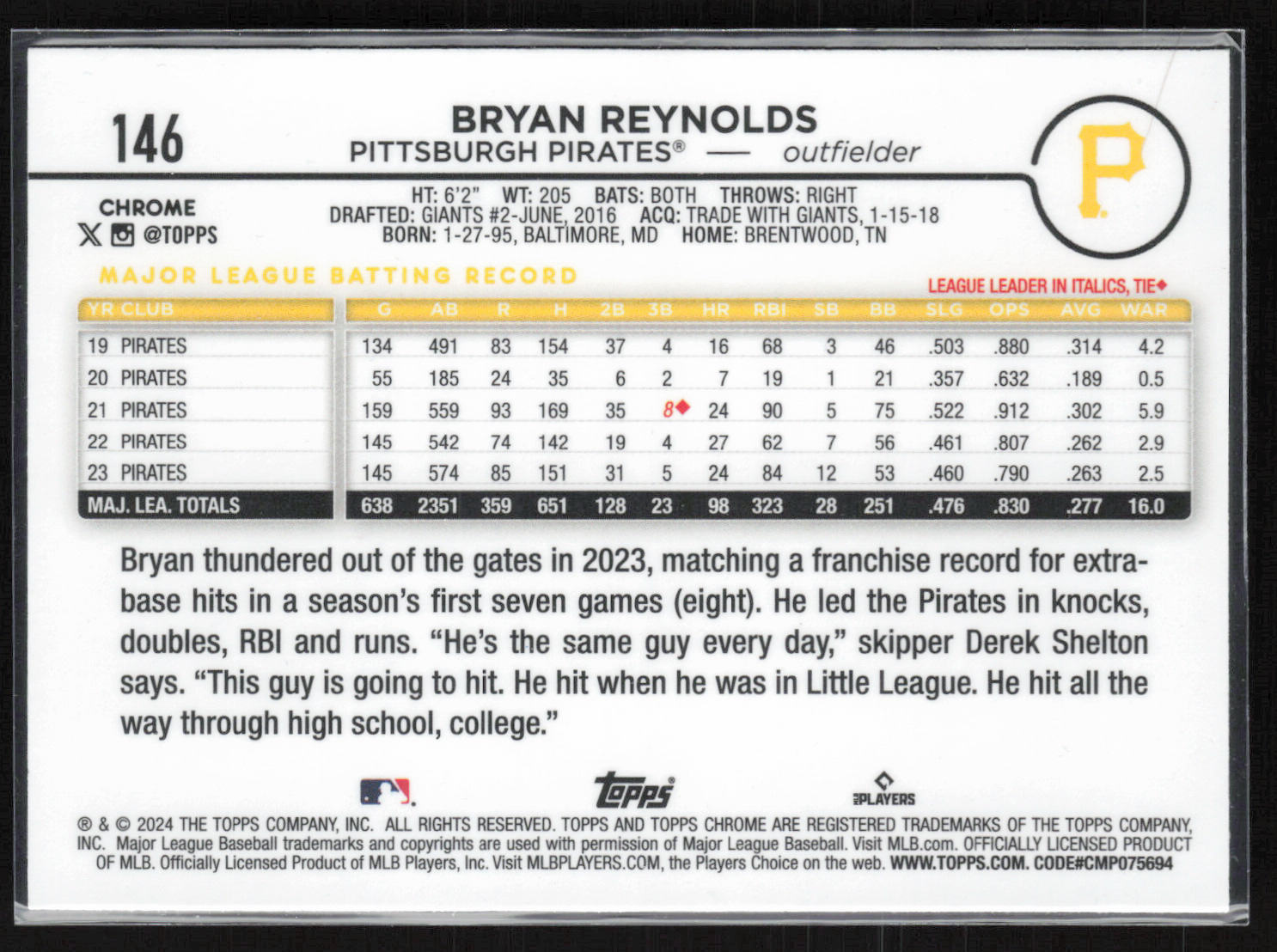 2024 Topps Chrome #146 Bryan Reynolds Raywave Refractors