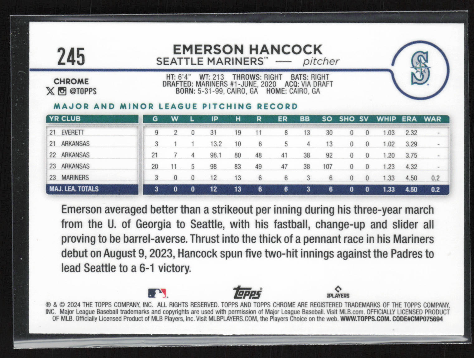 2024 Topps Chrome #245 Emerson Hancock Raywave Refractors
