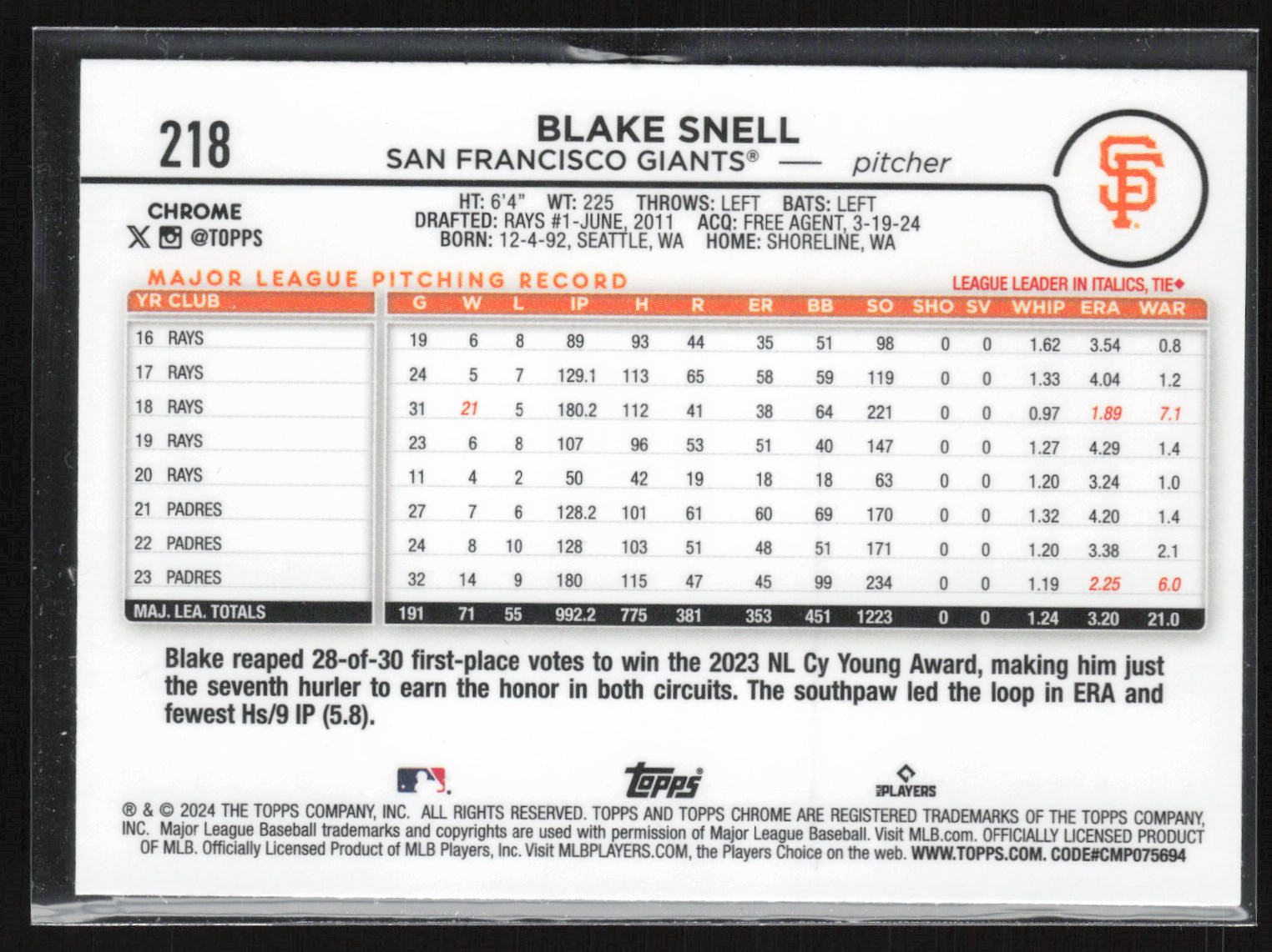 2024 Topps Chrome #218 Blake Snell Raywave Refractors