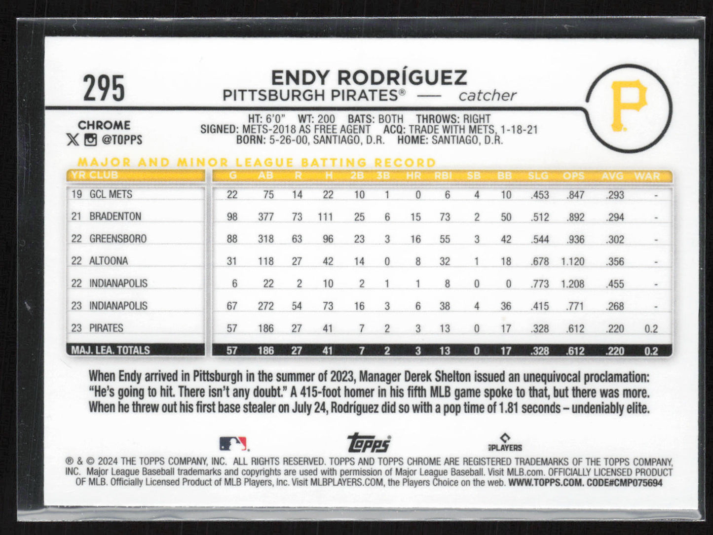 2024 Topps Chrome #295 Endy Rodríguez Raywave Refractors