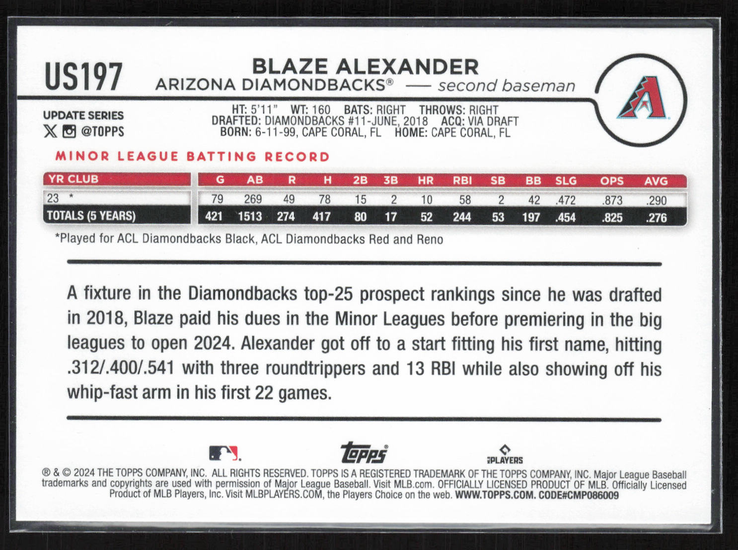 2024 Topps Update #US197 Blaze Alexander Blue