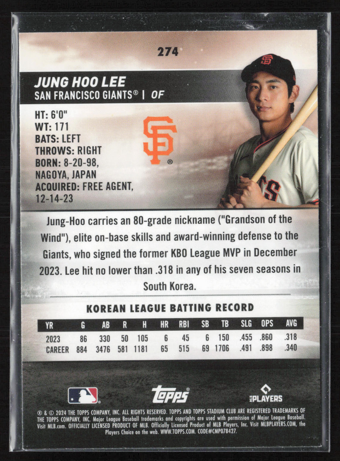 2024 Stadium Club #274 Jung Hoo Lee