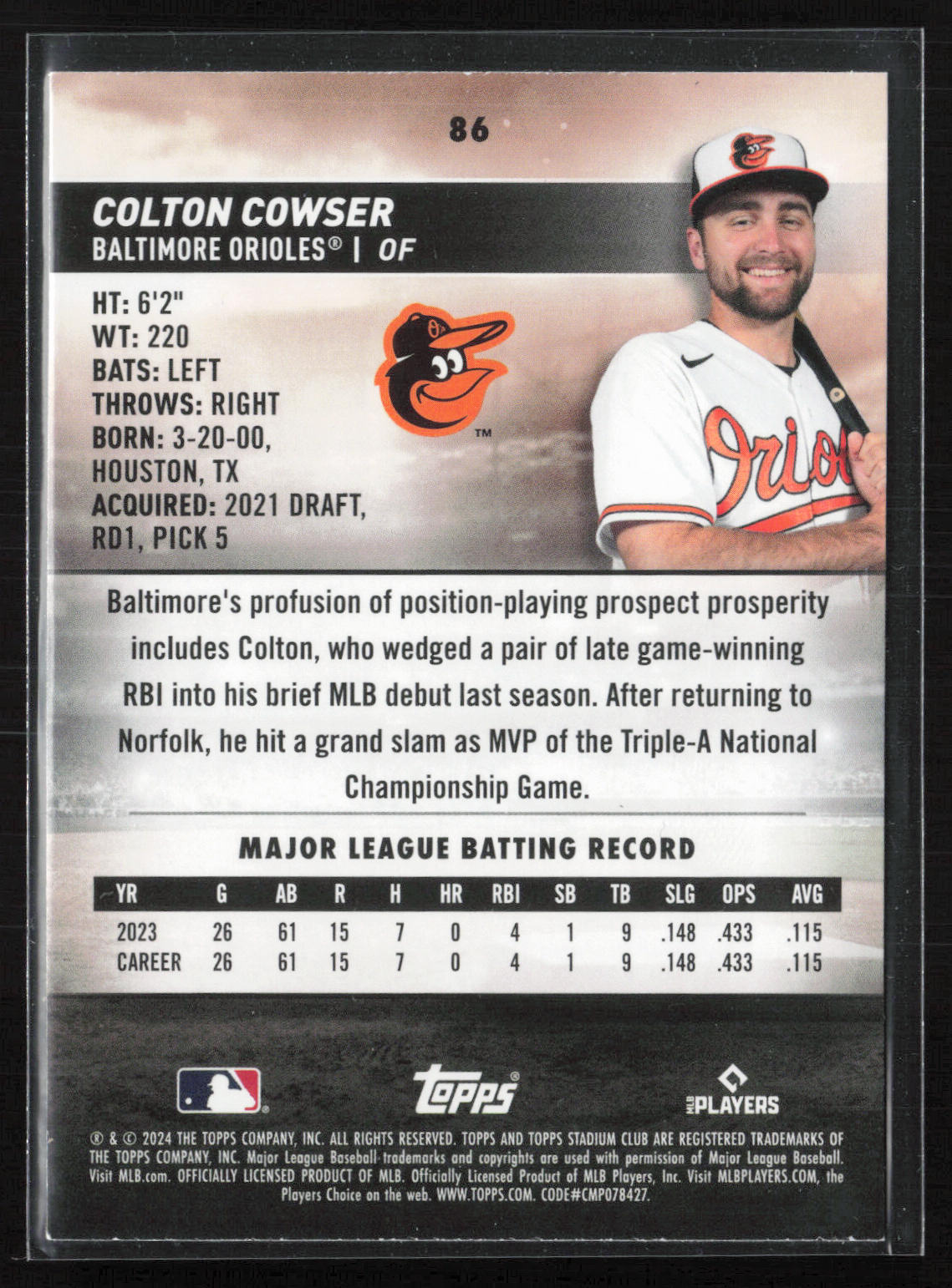 2024 Stadium Club #86 Colton Cowser Red Foil