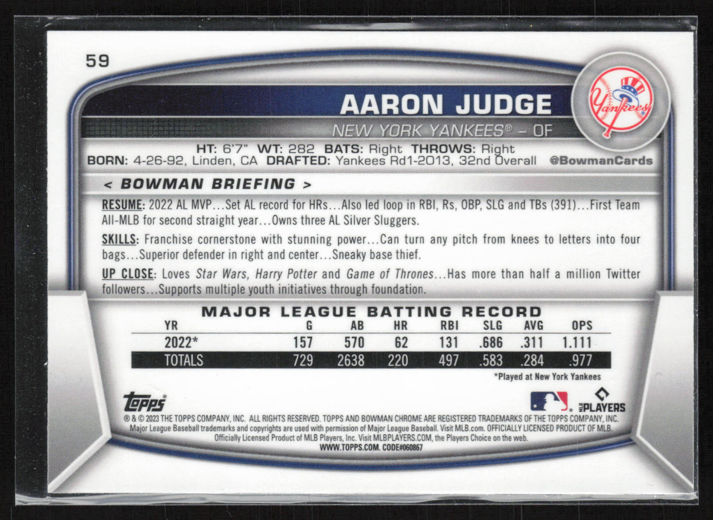 2023 Bowman #59 Aaron Judge Mojo Refractors
