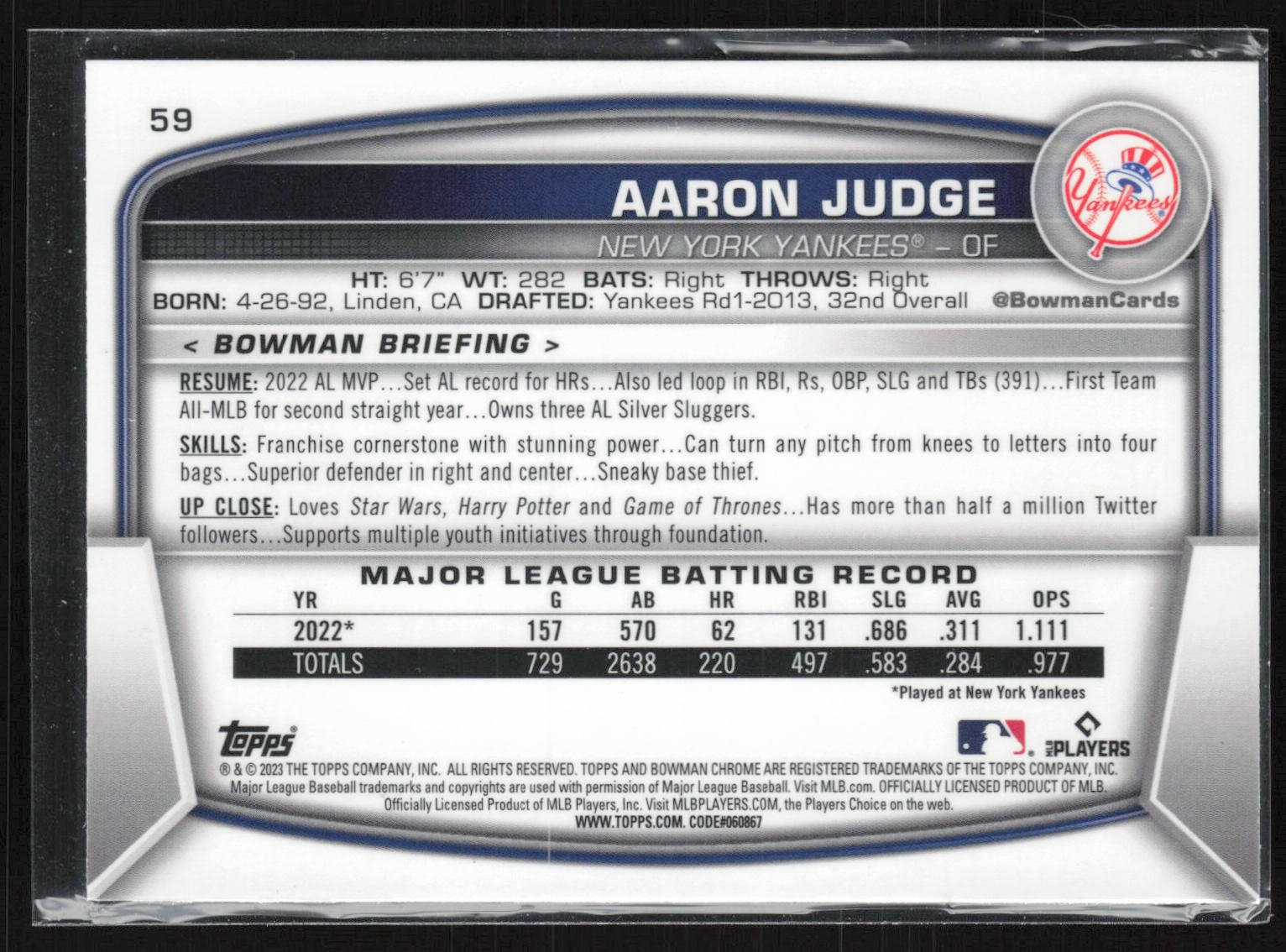 2023 Bowman #59 Aaron Judge Mojo Refractors
