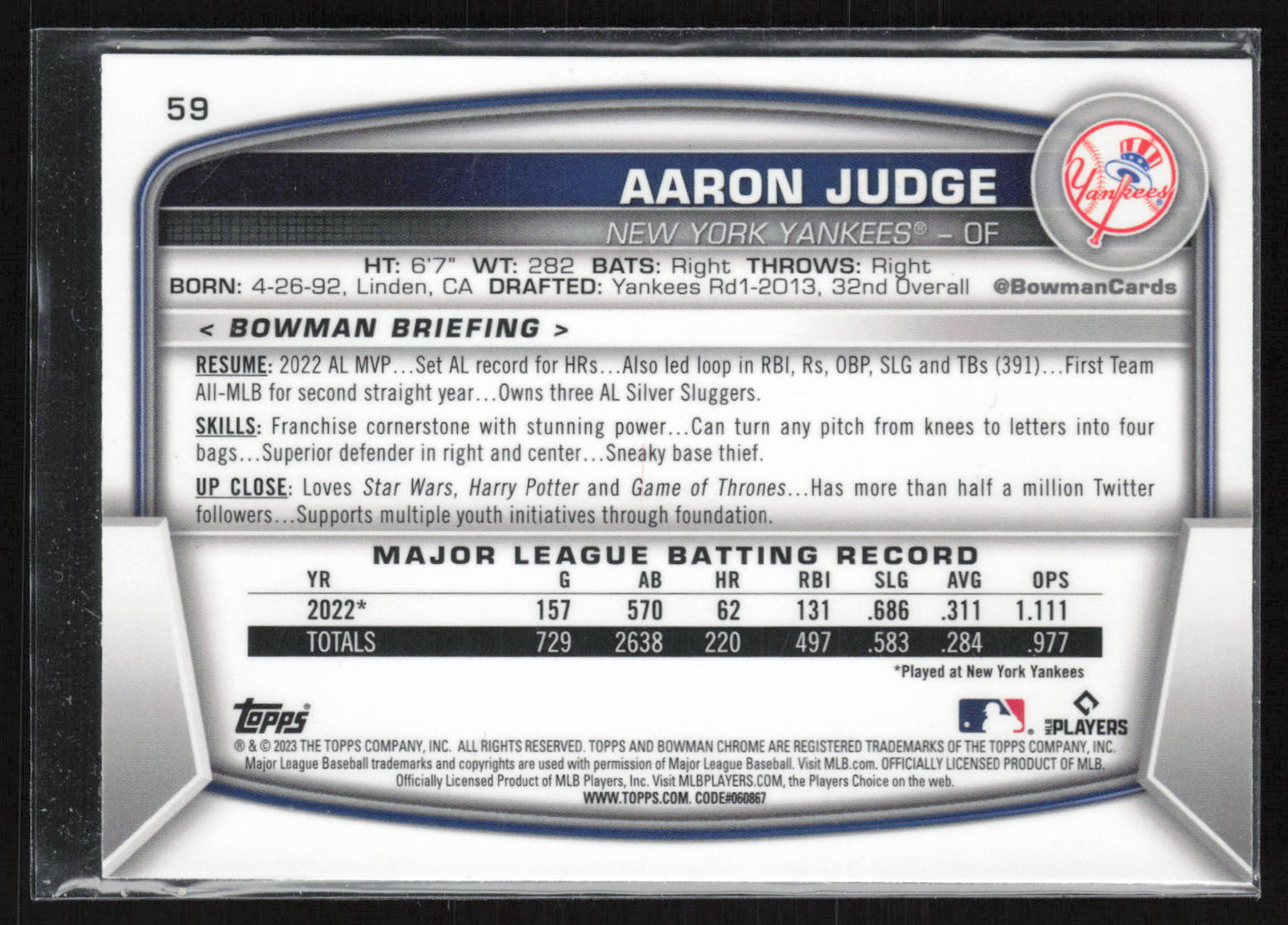 2023 Bowman #59 Aaron Judge Mojo Refractors