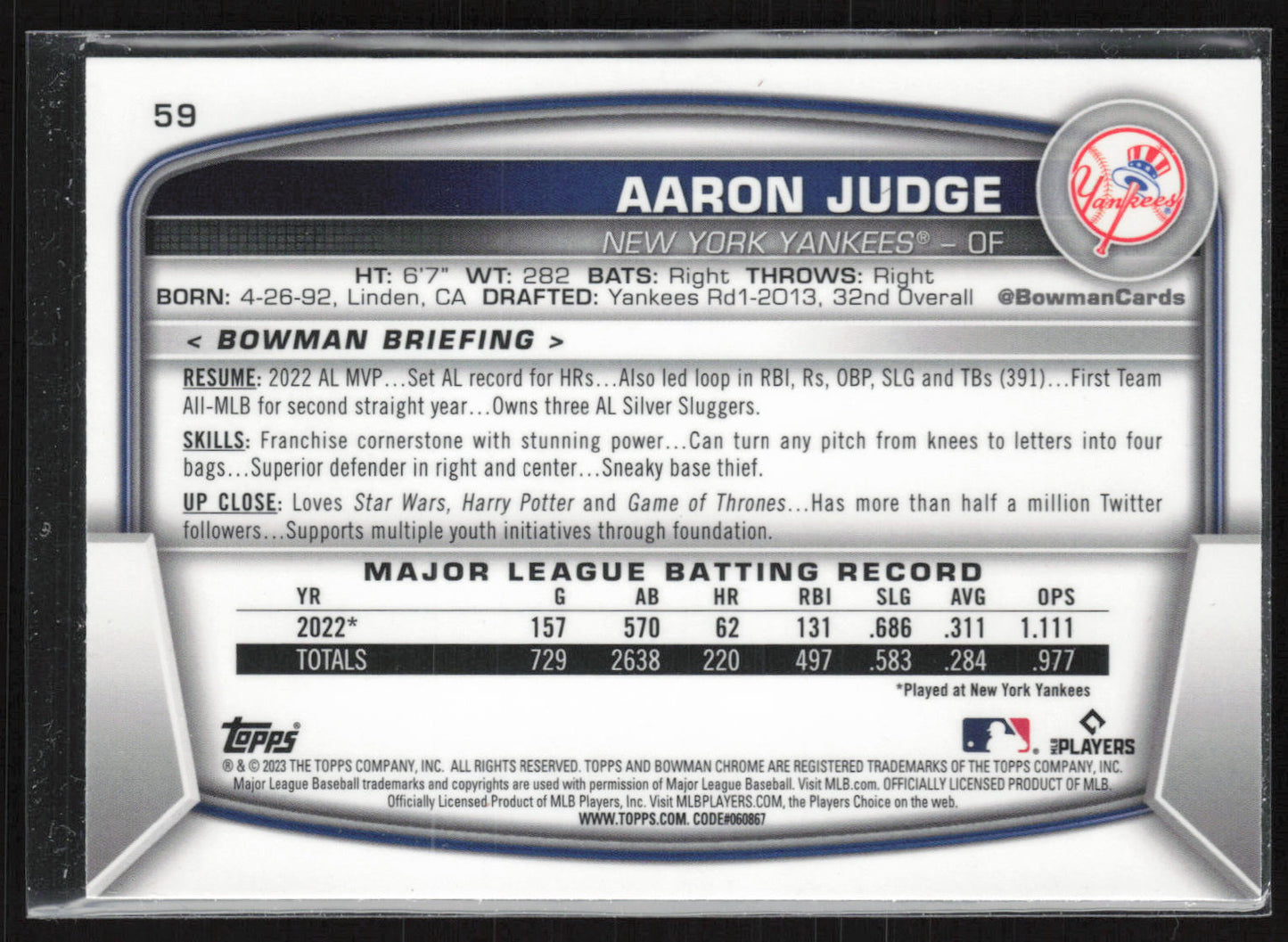2023 Bowman #59 Aaron Judge Mojo Refractors
