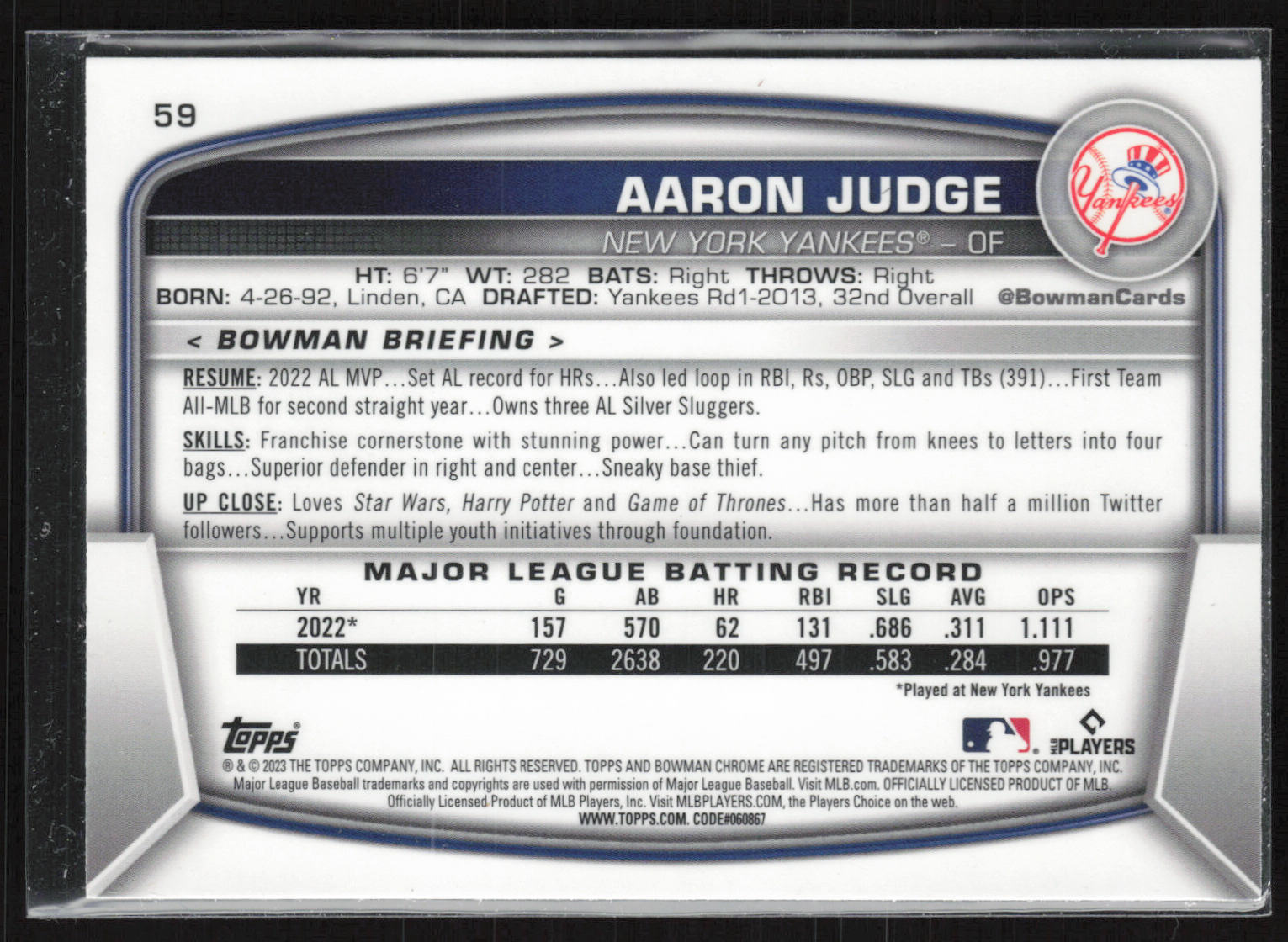2023 Bowman #59 Aaron Judge Mojo Refractors