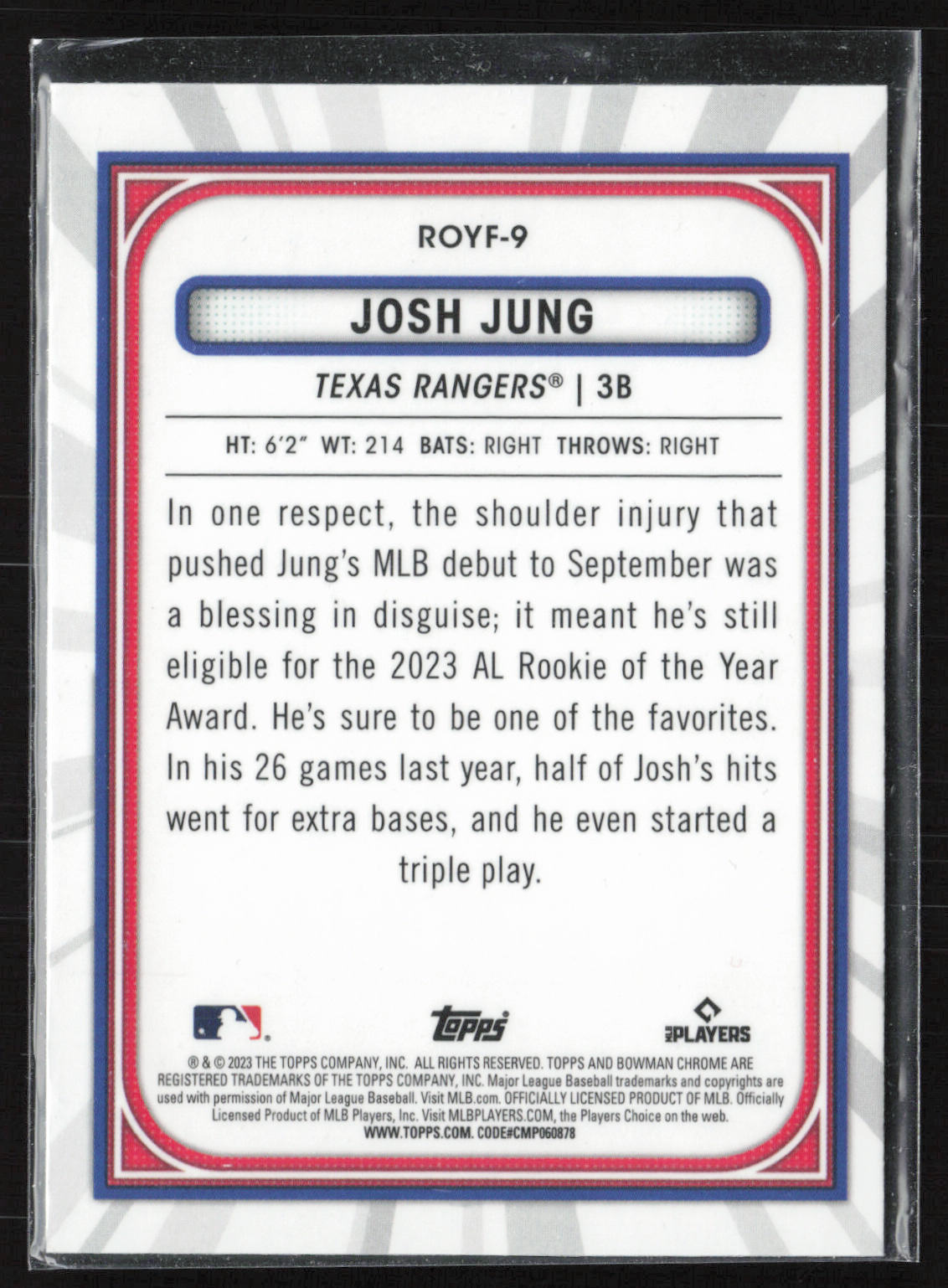 2023 Bowman #ROYF-9 Josh Jung Rookie of the Year Favorites Mojo Refractors