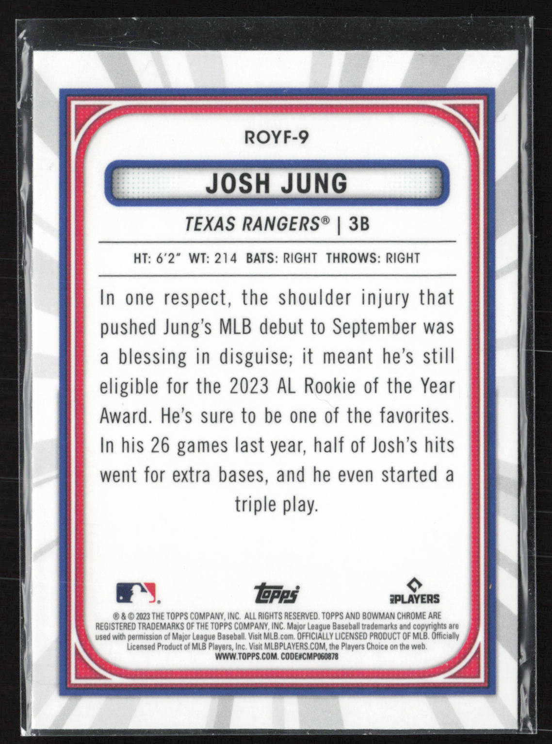 2023 Bowman #ROYF-9 Josh Jung Rookie of the Year Favorites Mojo Refractors