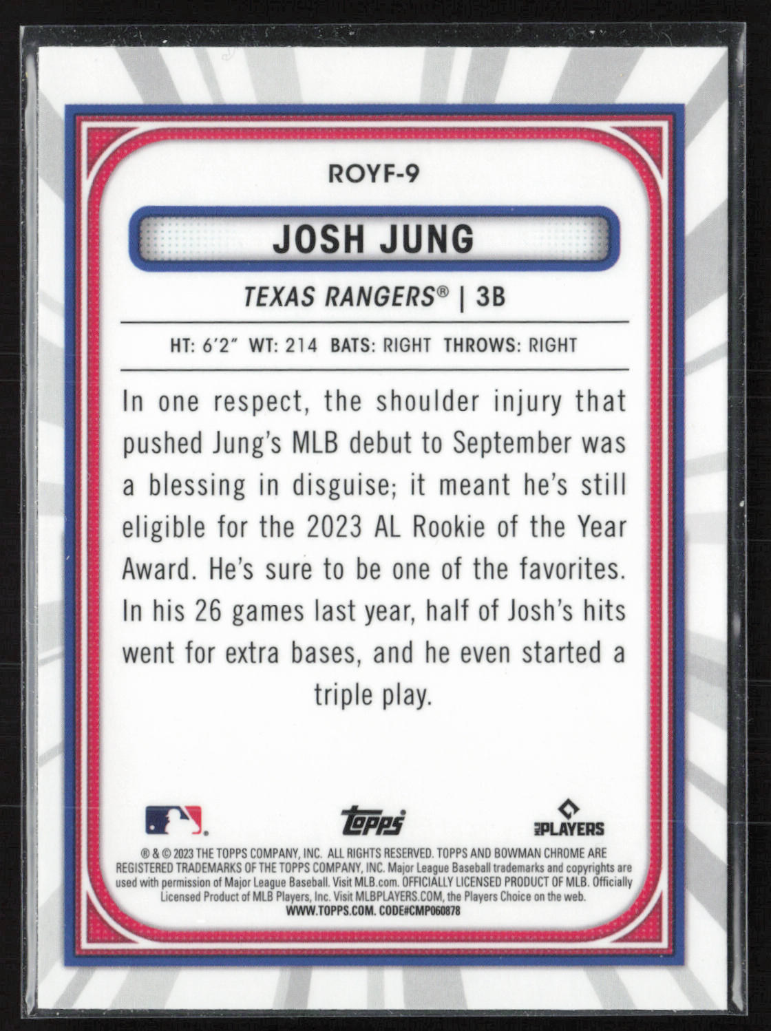 2023 Bowman #ROYF-9 Josh Jung Rookie of the Year Favorites Mojo Refractors