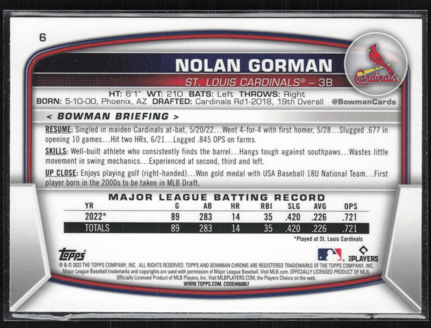 2023 Bowman #6 Nolan Gorman Mojo Refractors