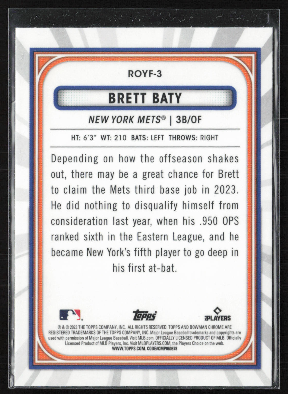 2023 Bowman Chrome #ROYF-3 Brett Baty ROY Favorites Mojo Refractors