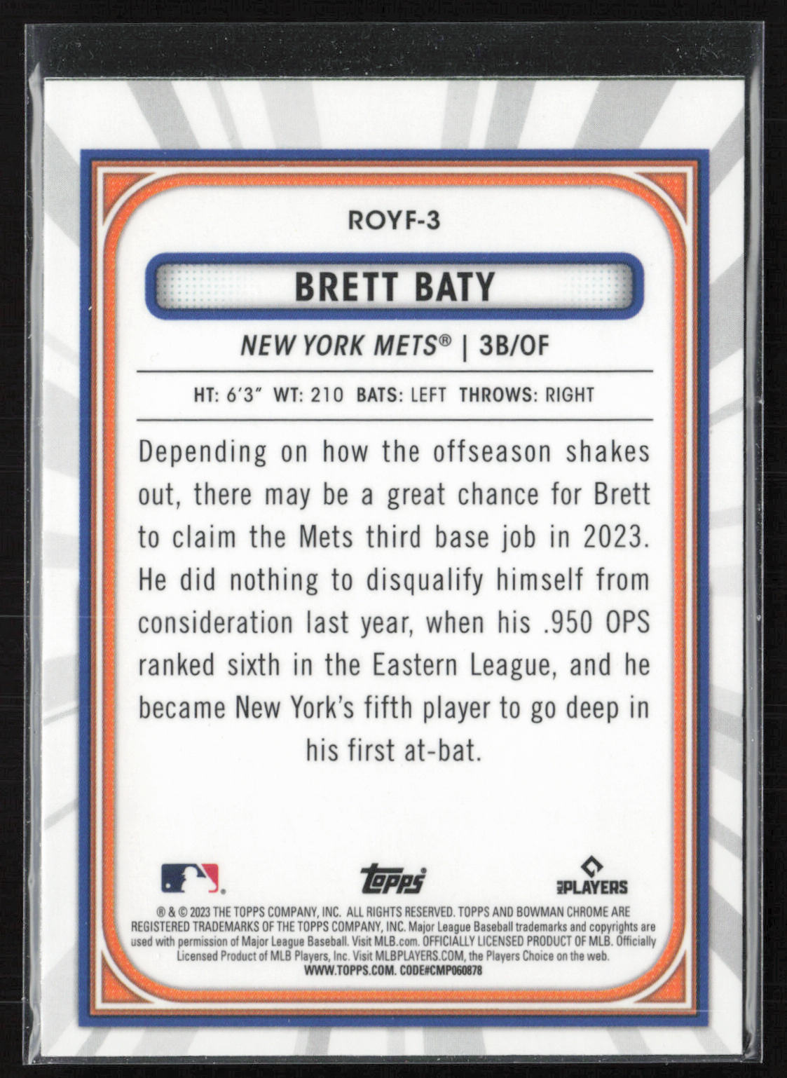 2023 Bowman Chrome #ROYF-3 Brett Baty ROY Favorites Mojo Refractors