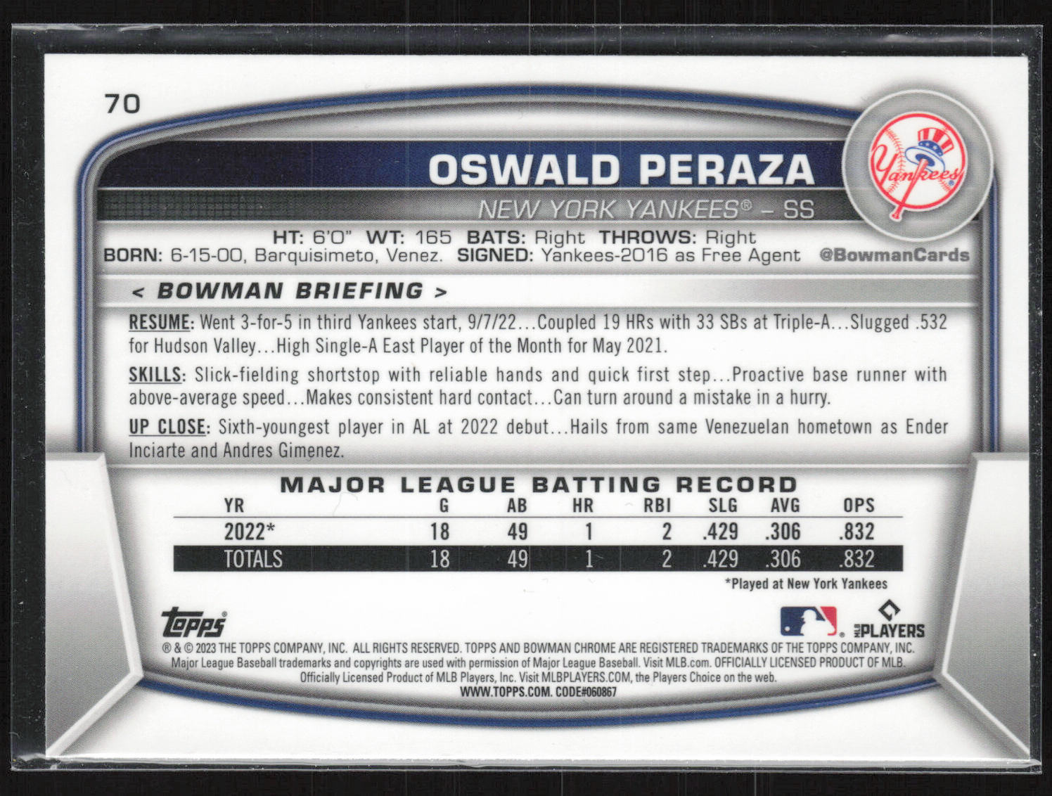 2023 Bowman #70 Oswald Peraza Mojo Refractors