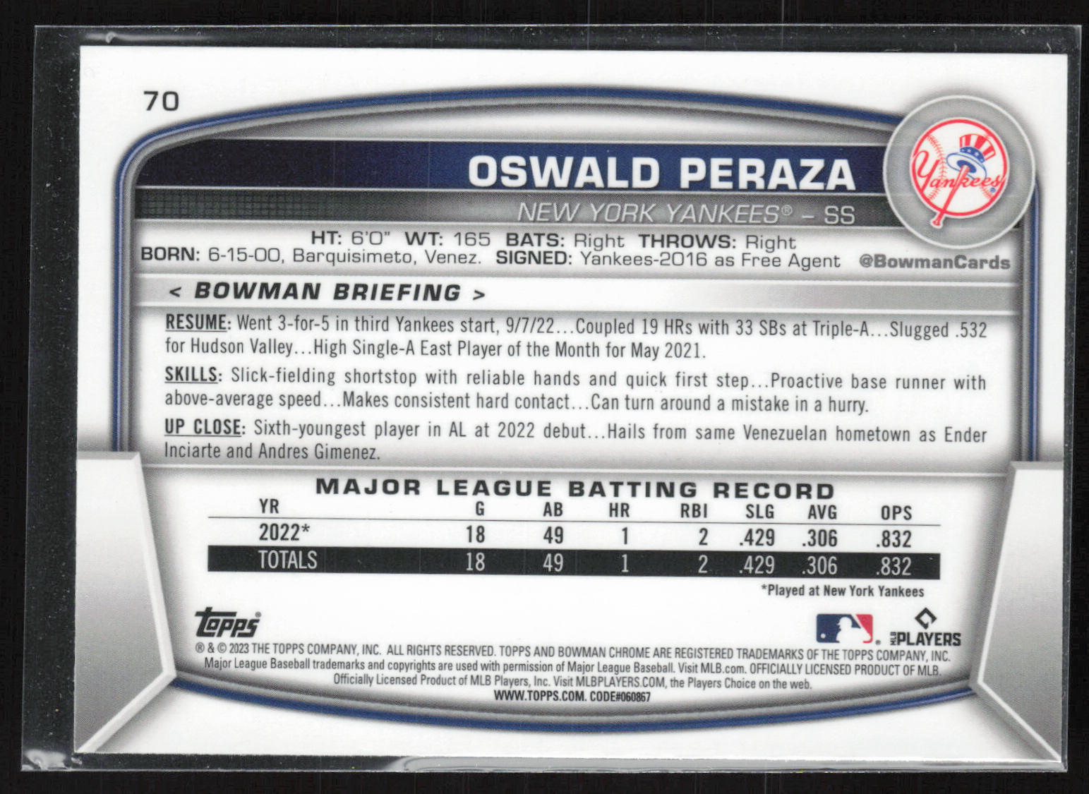 2023 Bowman #70 Oswald Peraza Mojo Refractors