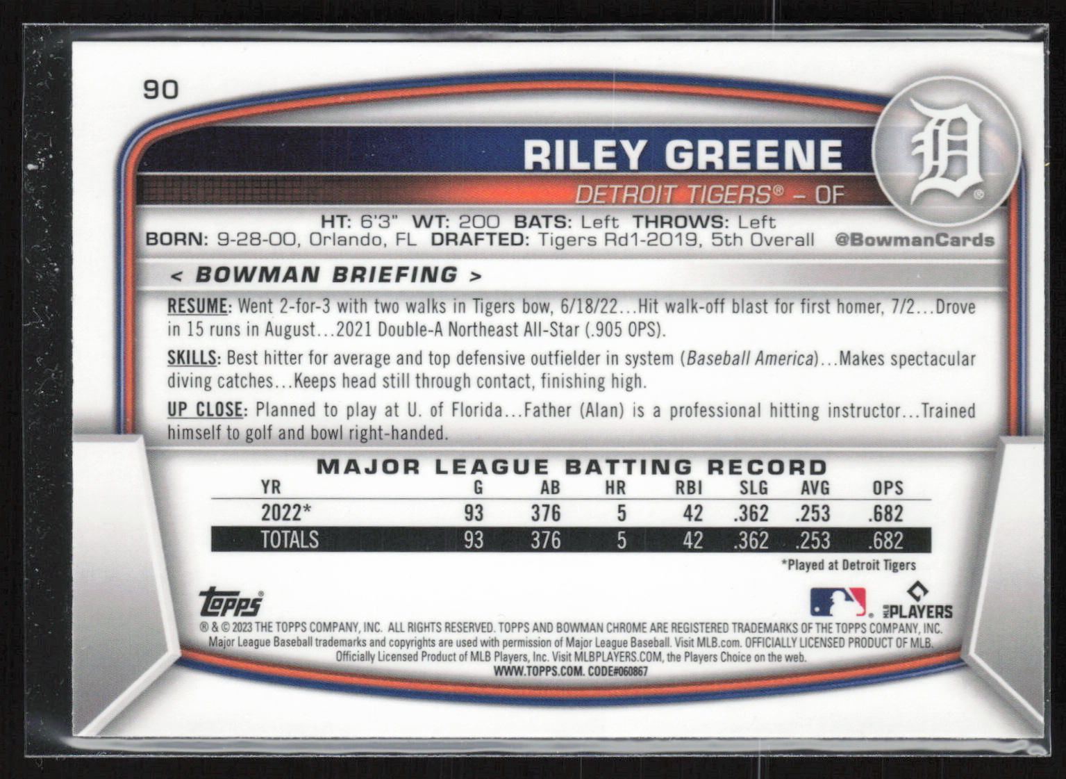 2023 Bowman #90 Riley Greene Mojo Refractors