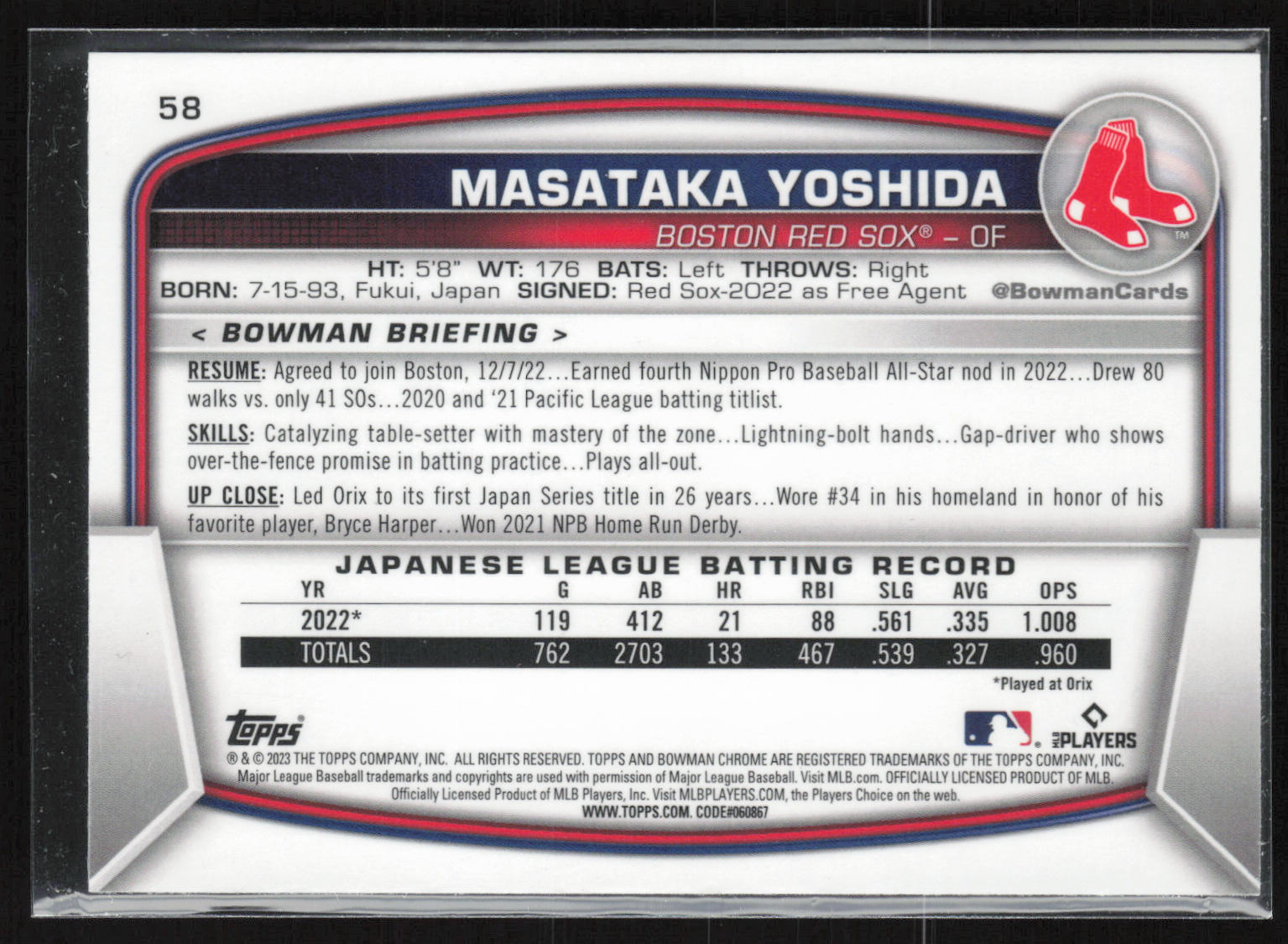 2023 Bowman #58 Masataka Yoshida Mojo Refractors