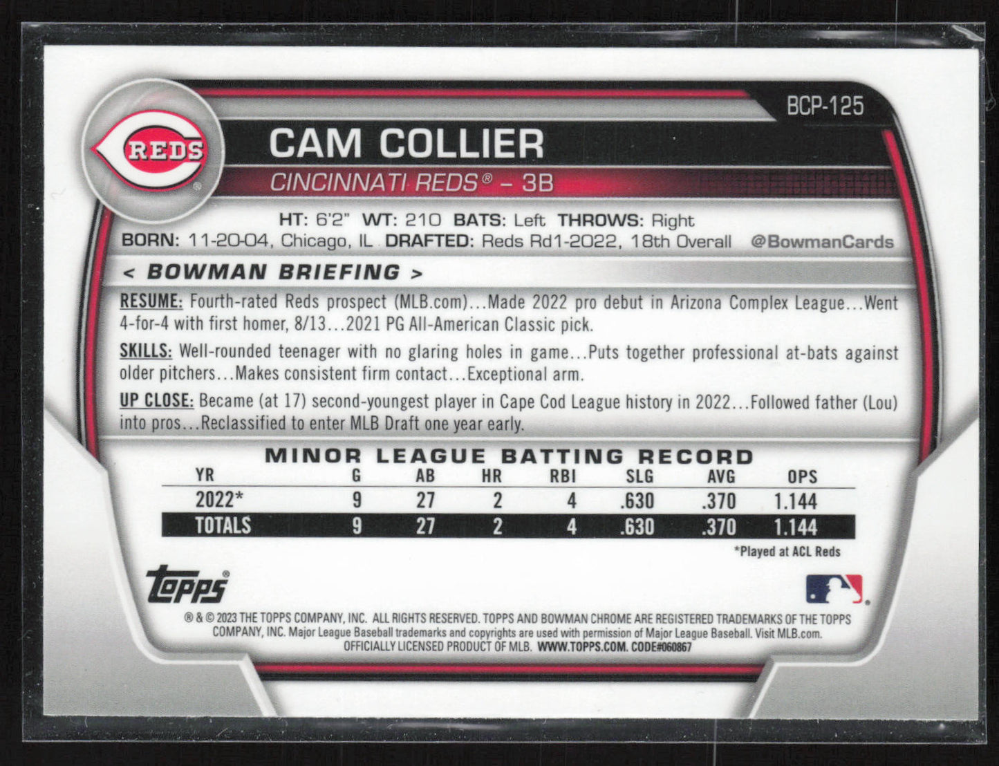 2023 Bowman #BCP-125 Cam Collier Chrome Prospects Mojo Refractors