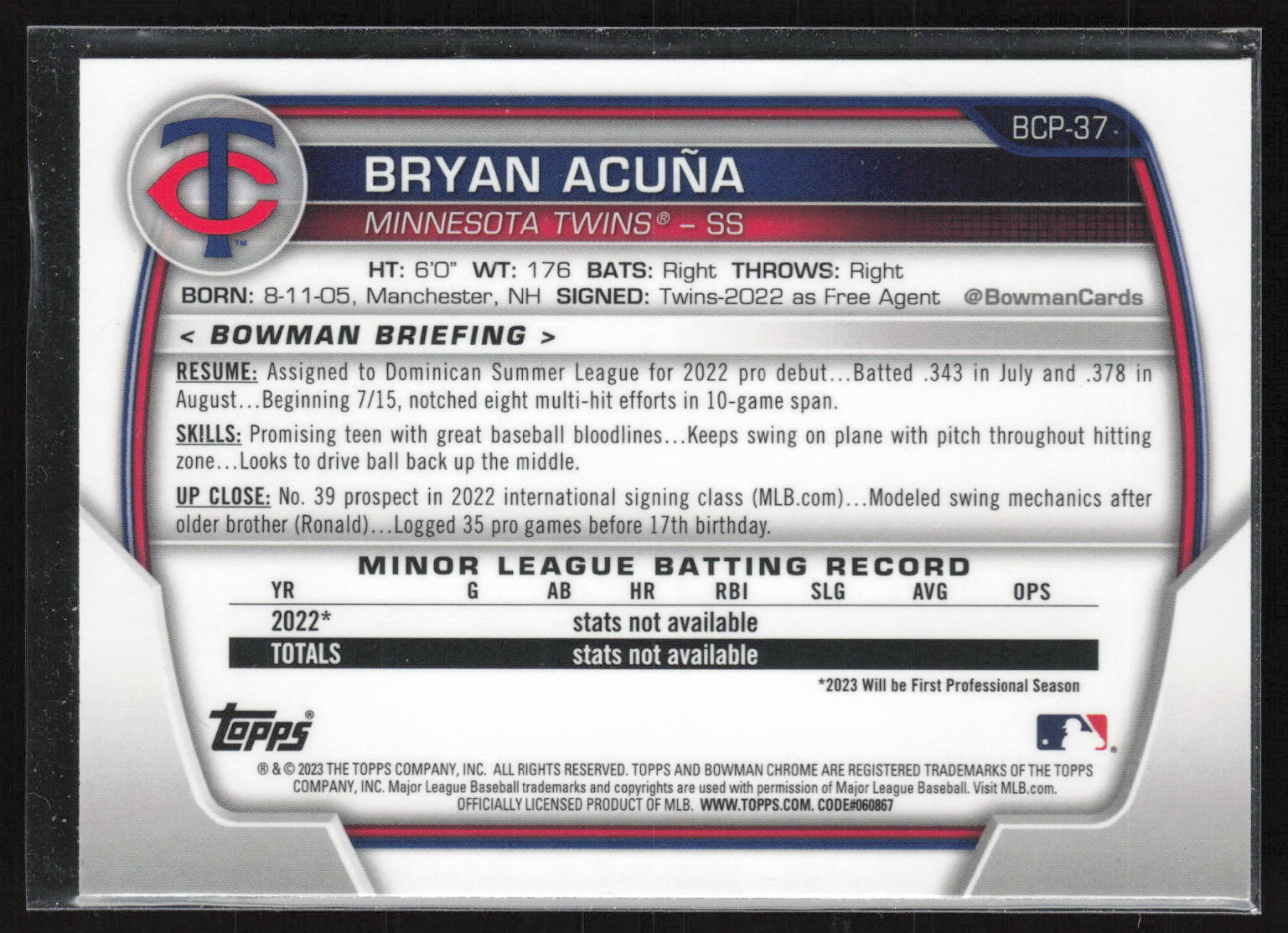 2023 Bowman #BCP-37 Bryan Acuña Chrome Prospects Mojo Refractors