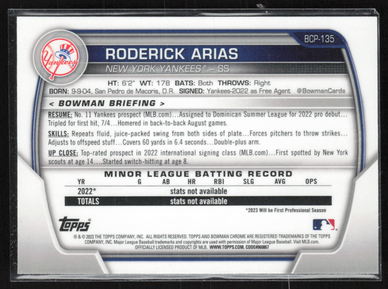 2023 Bowman #BCP-135 Roderick Arias Chrome Prospects Mojo Refractors