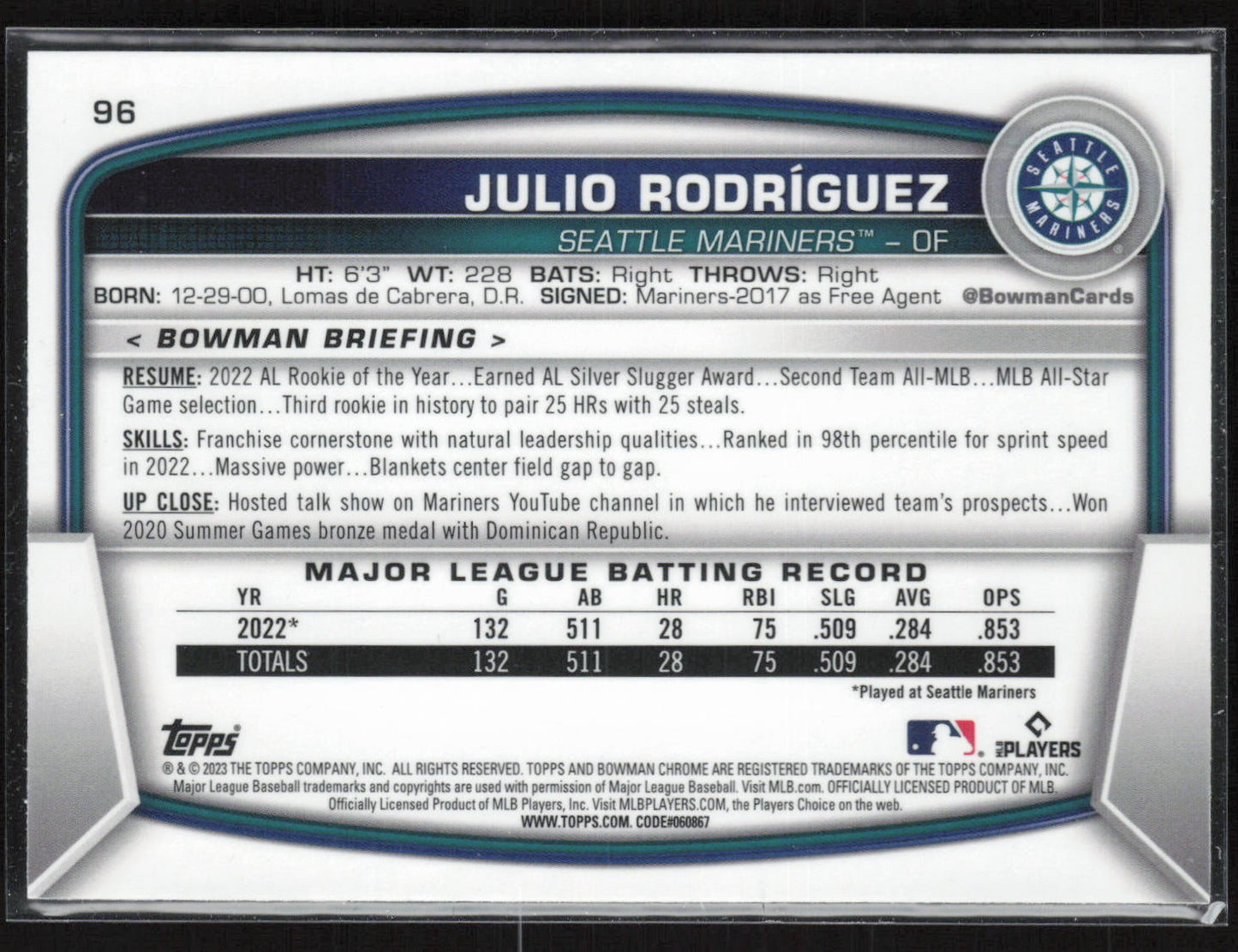 2023 Bowman #96 Julio Rodriguez Mojo Refractors