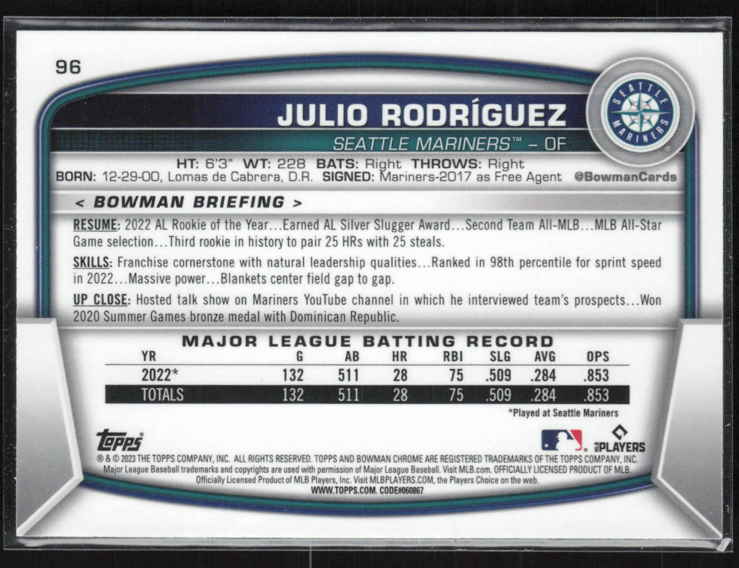 2023 Bowman #96 Julio Rodriguez Mojo Refractors