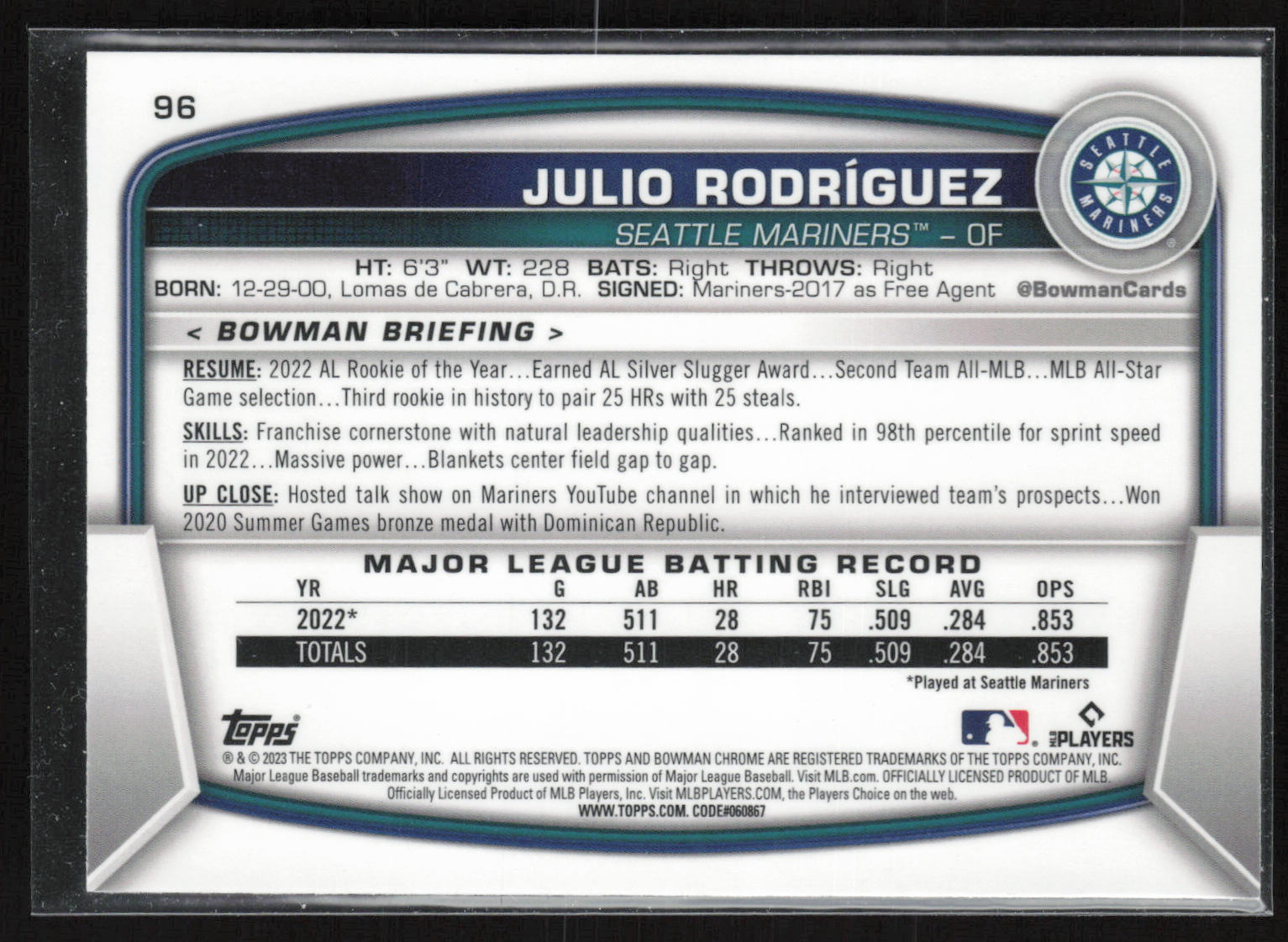 2023 Bowman #96 Julio Rodriguez Mojo Refractors