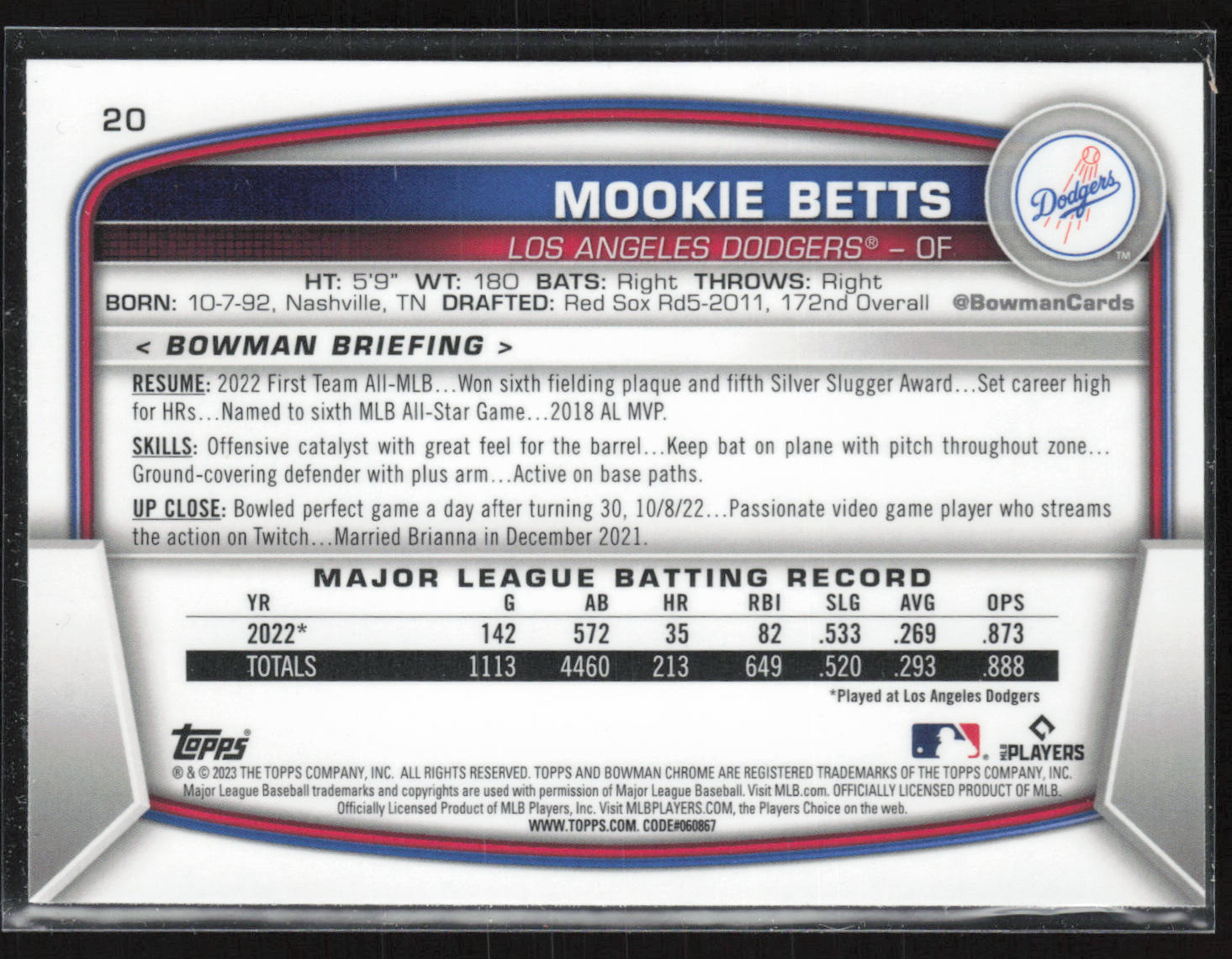 2023 Bowman #20 Mookie Betts Mojo Refractors