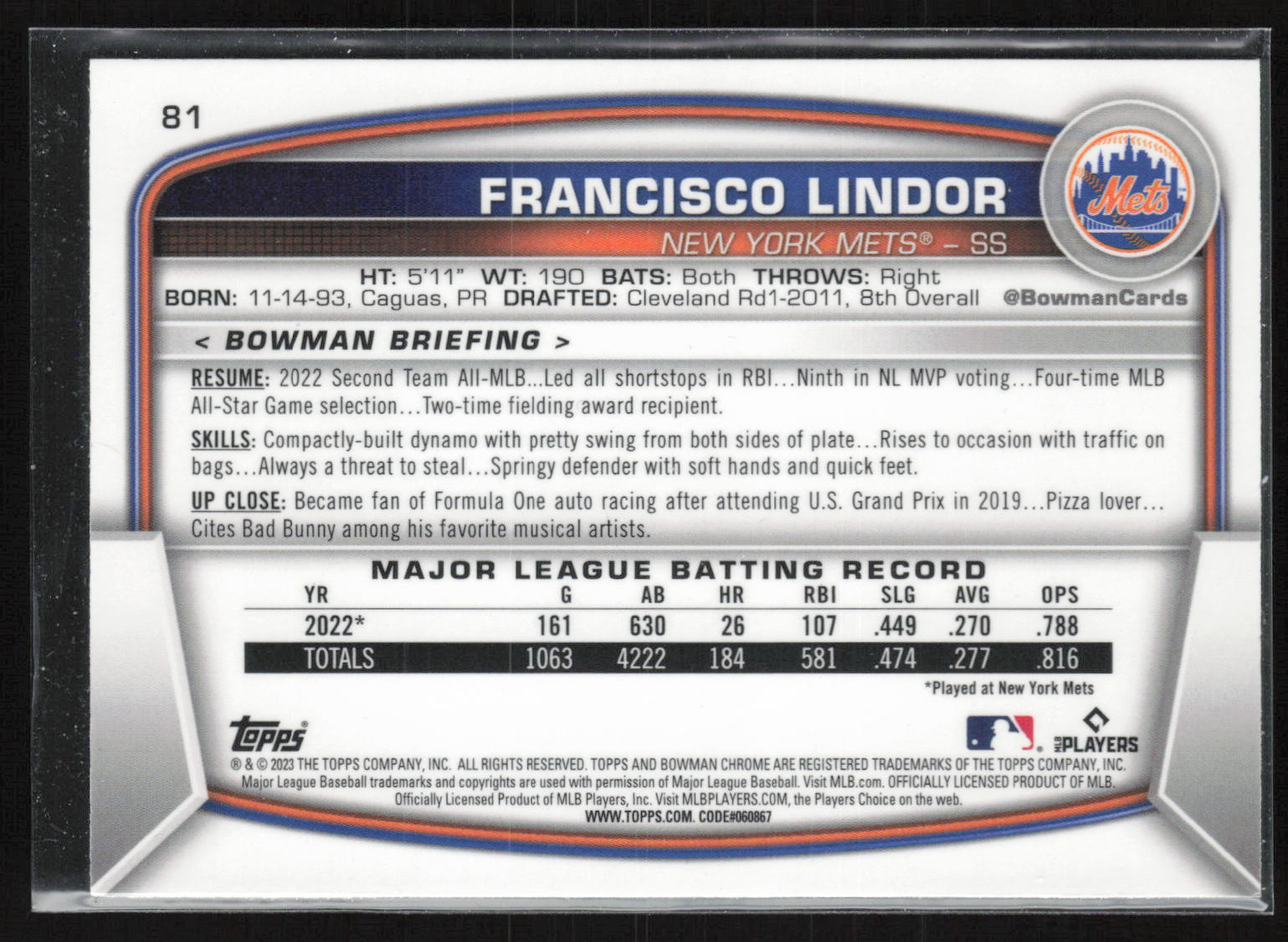 2023 Bowman #81 Francisco Lindor Mojo Refractors