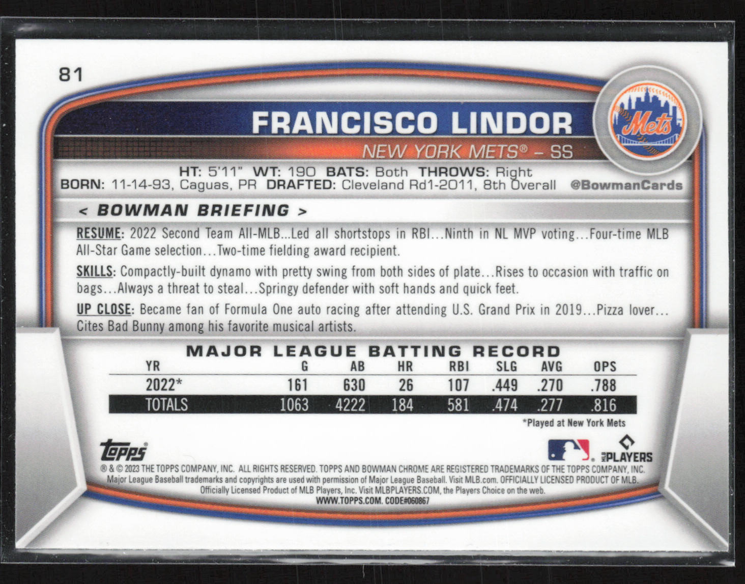 2023 Bowman #81 Francisco Lindor Mojo Refractors