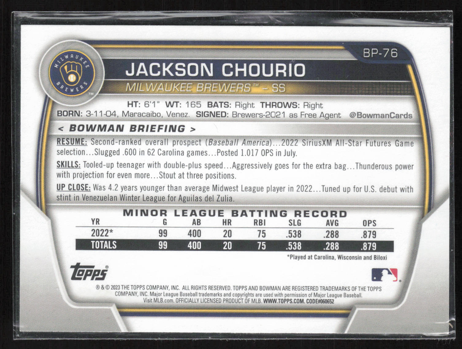 2023 Bowman #BP-76 Jackson Chourio Prospects