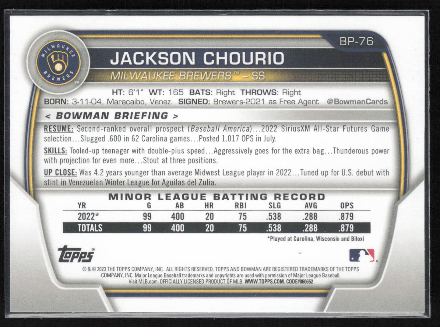 2023 Bowman #BP-76 Jackson Chourio Prospects