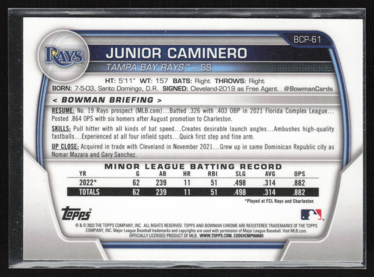 2023 Bowman #BCP-61 Junior Caminero Chrome Prospects
