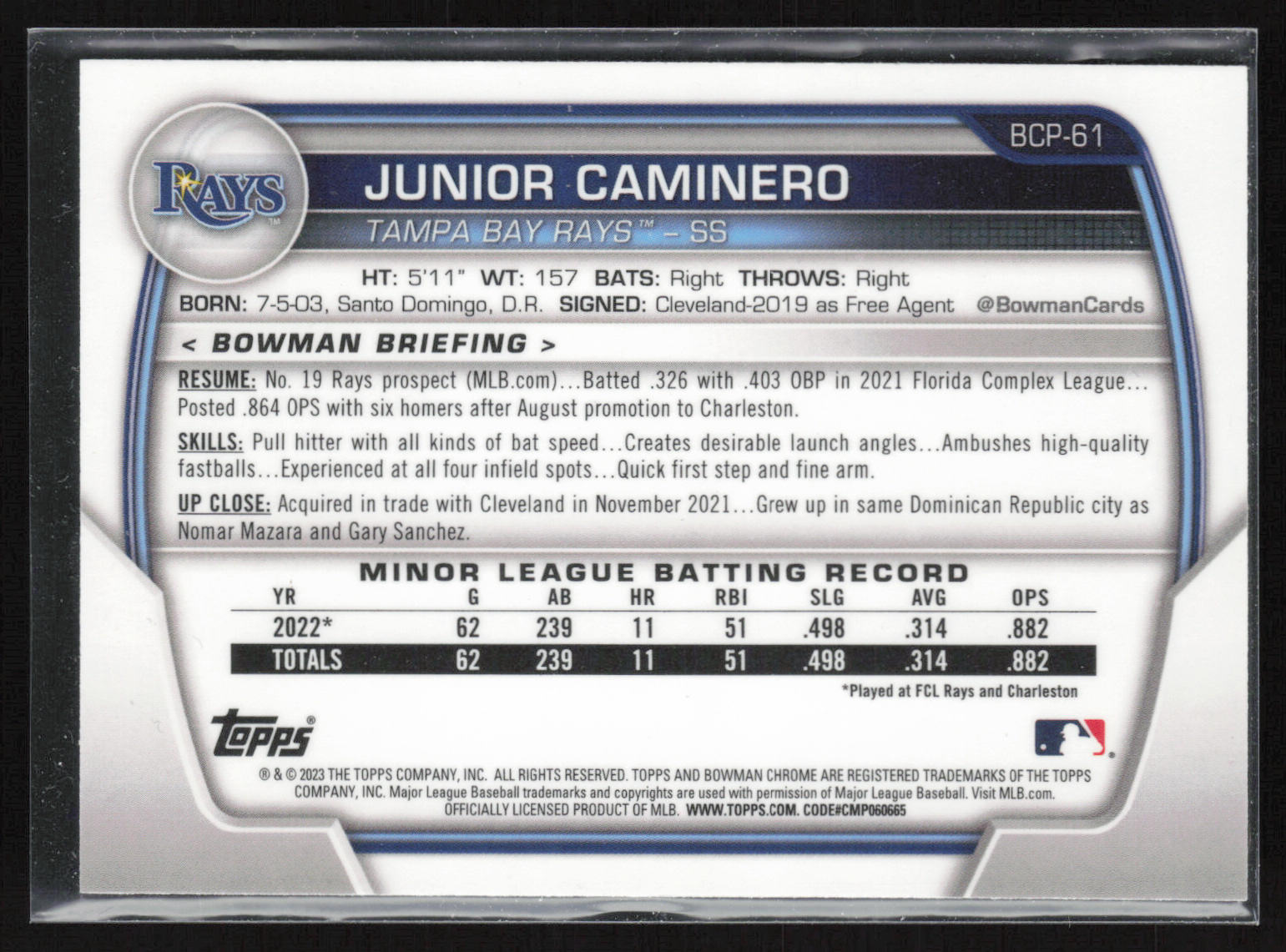 2023 Bowman #BCP-61 Junior Caminero Chrome Prospects
