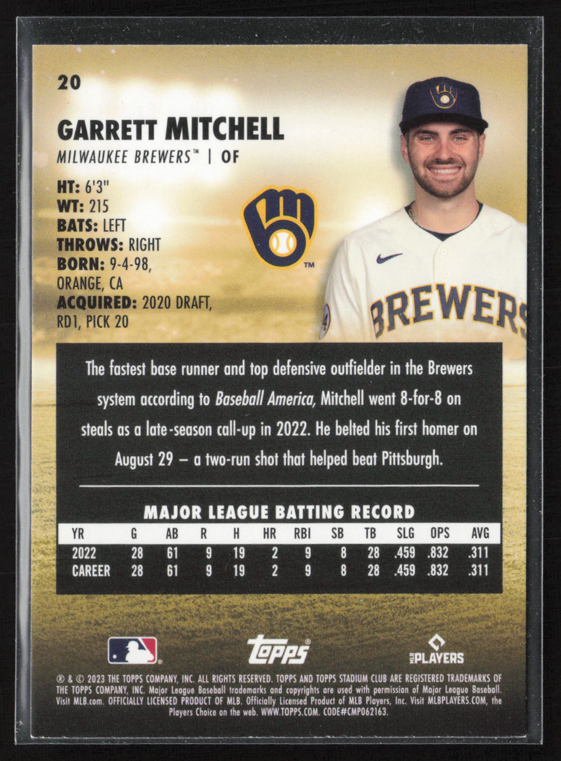 2023 Stadium Club #20 Garrett Mitchell