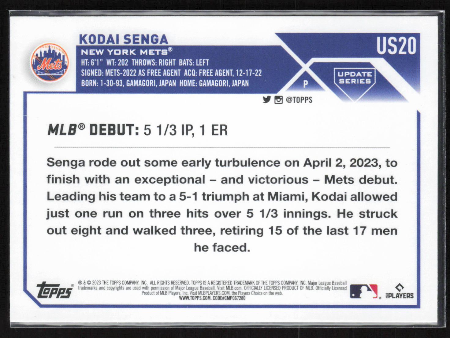 2023 Topps Update #US20 Kodai Senga