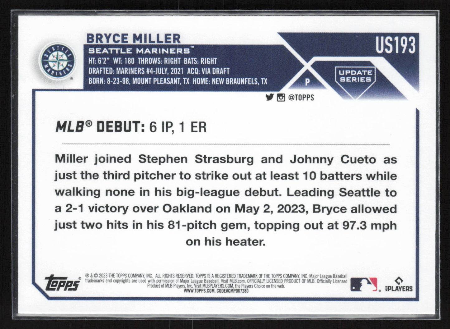 2023 Topps Update #US193 Bryce Miller