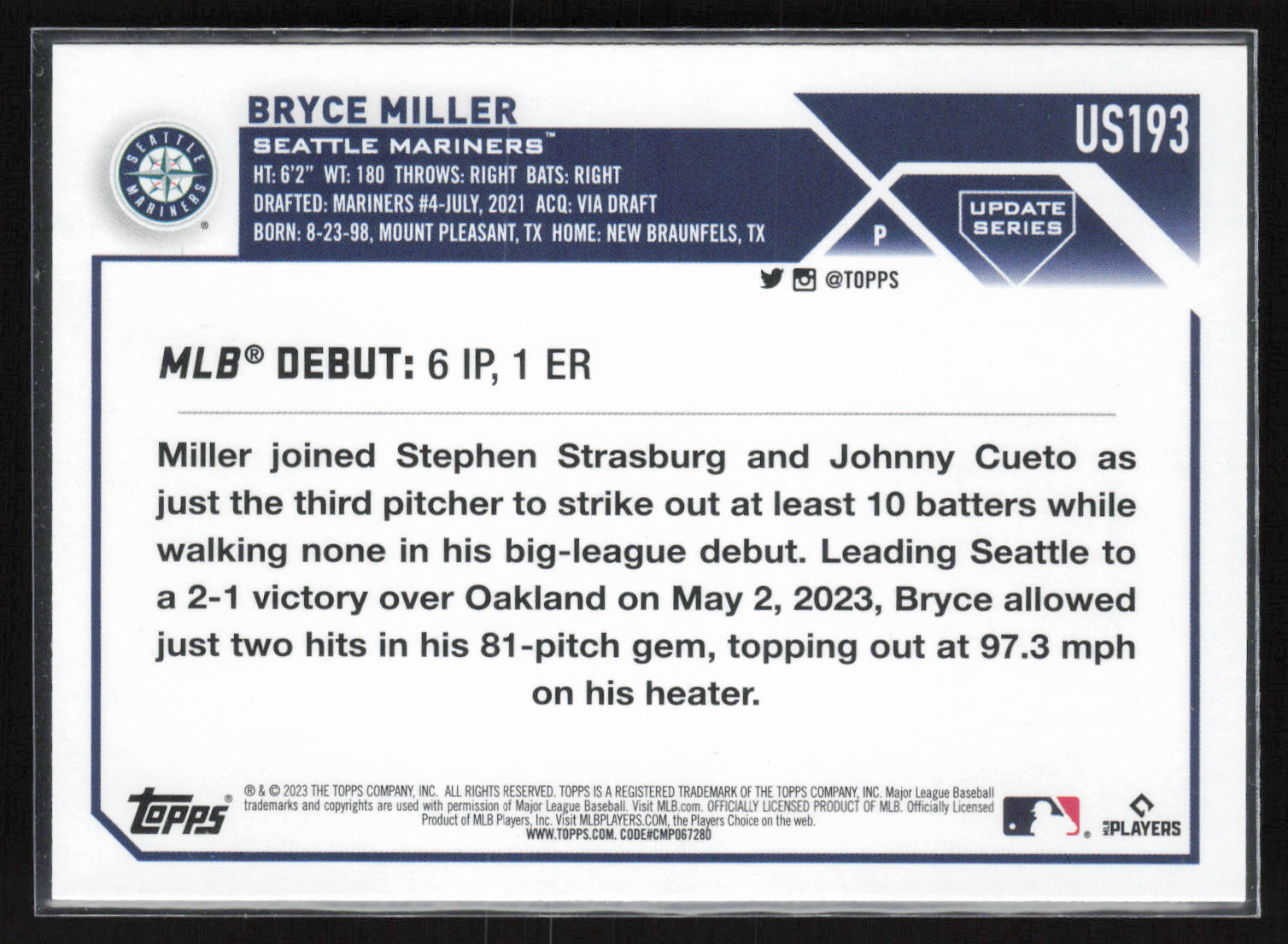 2023 Topps Update #US193 Bryce Miller