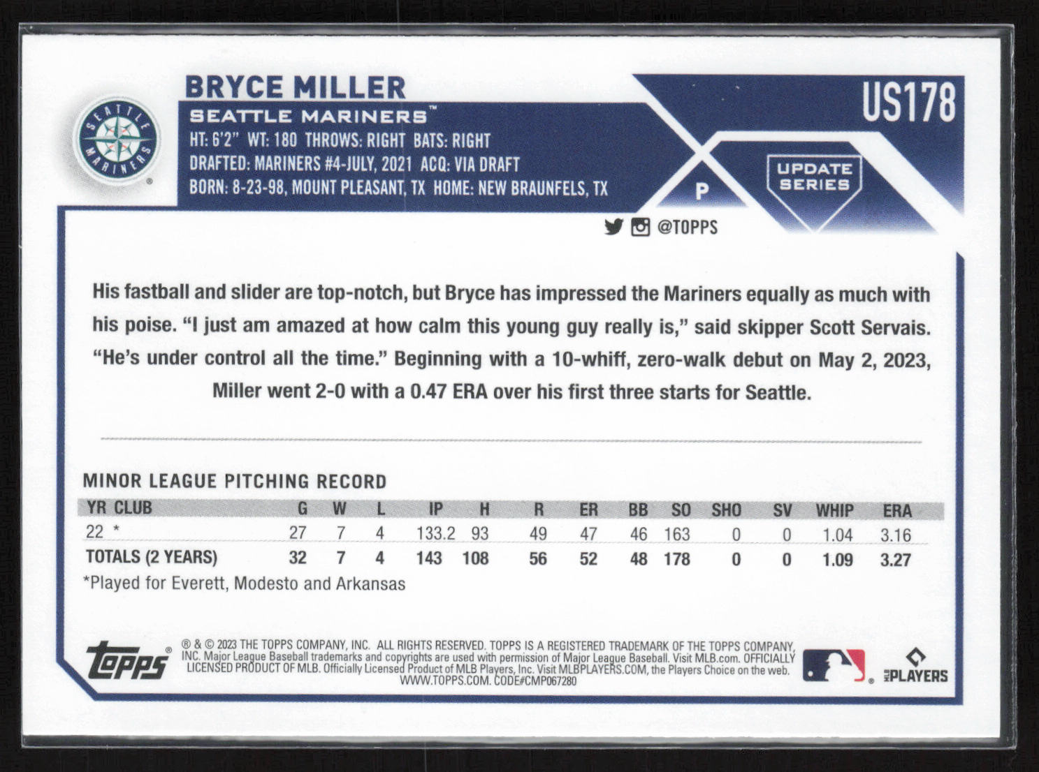 2023 Topps Update #US178 Bryce Miller