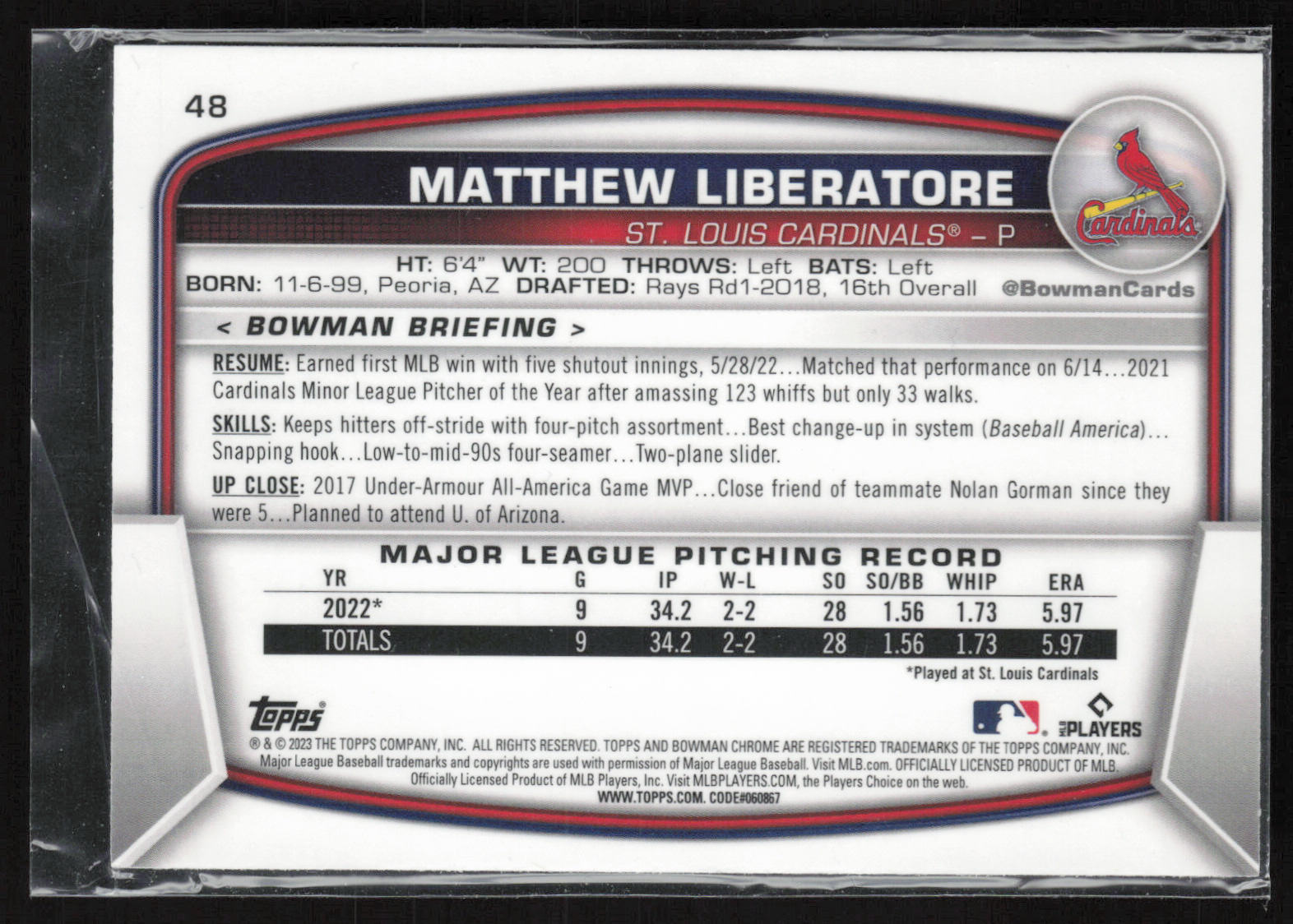 2023 Bowman #48 Matthew Liberatore Mojo Refractors