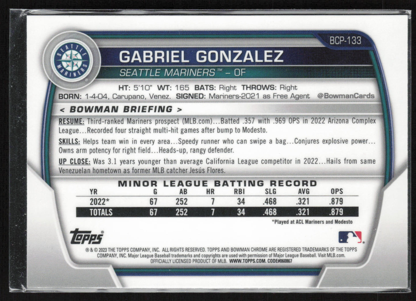 2023 Bowman #BCP-133 Gabriel Gonzalez Chrome Prospects Mojo Refractors