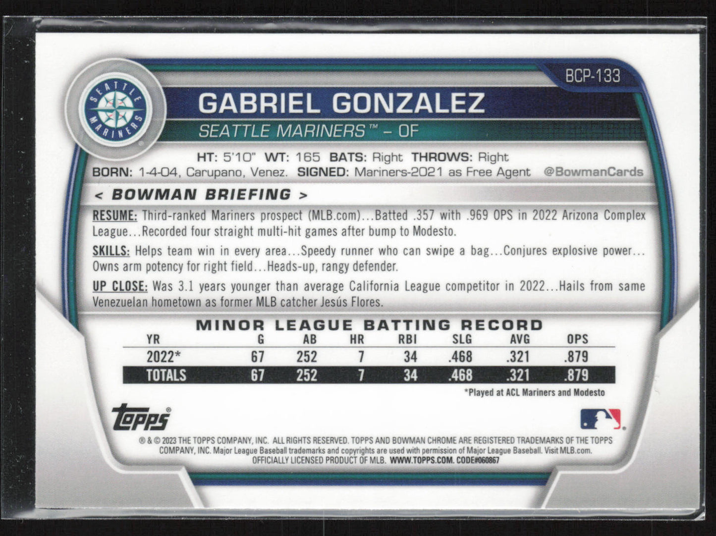 2023 Bowman #BCP-133 Gabriel Gonzalez Chrome Prospects Mojo Refractors