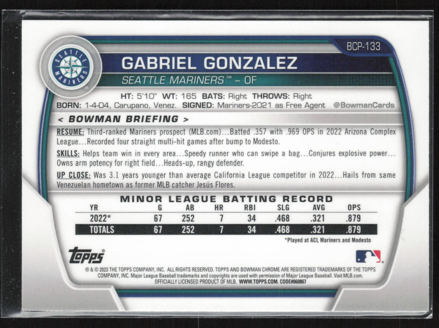 2023 Bowman #BCP-133 Gabriel Gonzalez Chrome Prospects Mojo Refractors