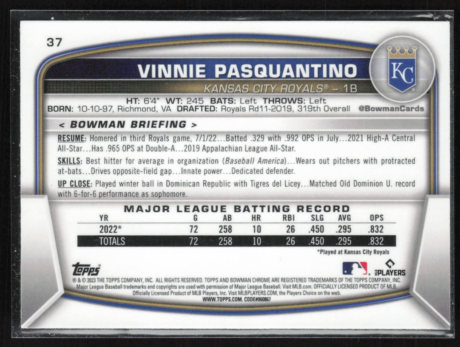 2023 Bowman #37 Vinnie Pasquantino Mojo Refractors