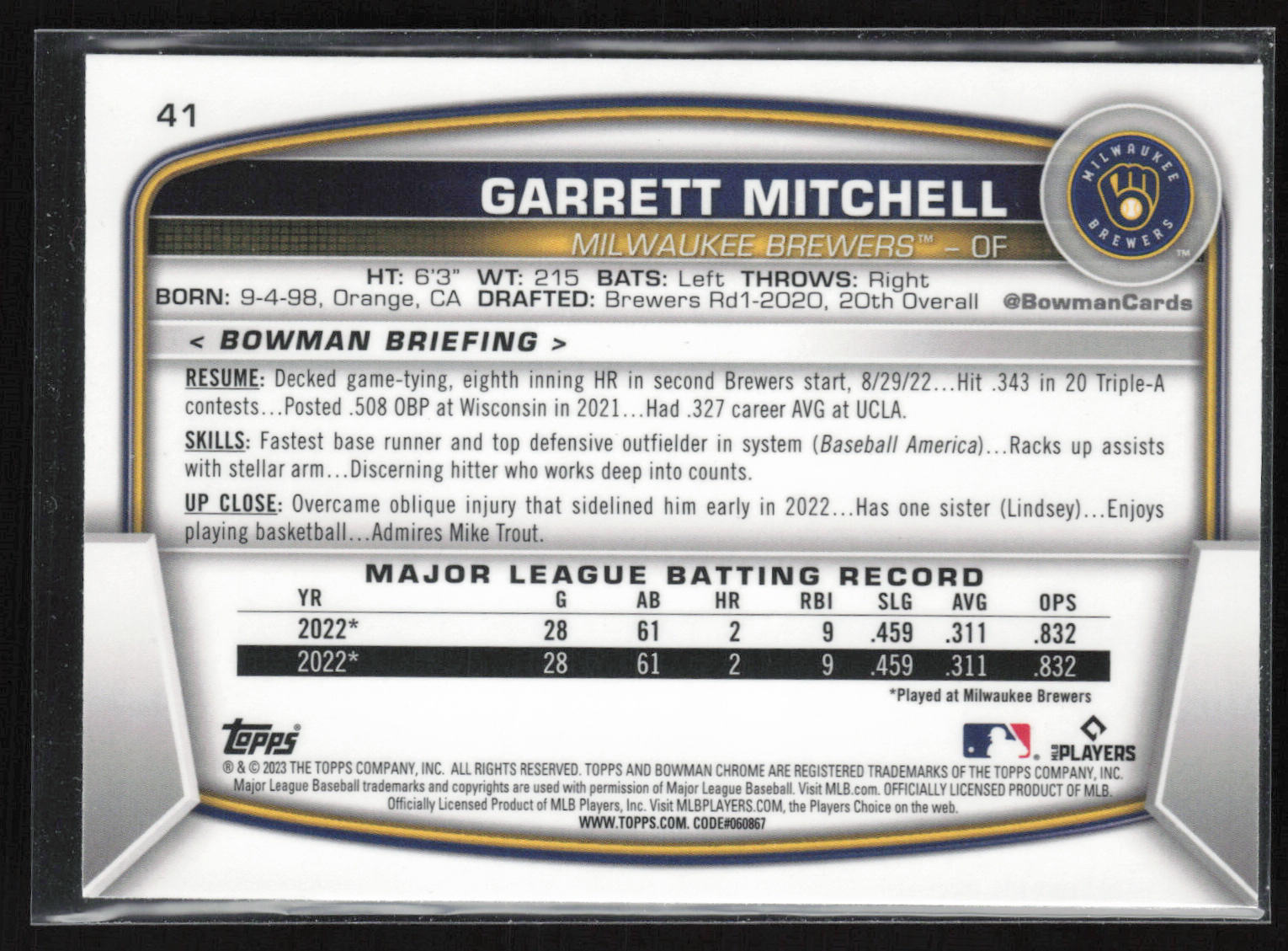 2023 Bowman #41 Garrett Mitchell Mojo Purple Refractors #/250