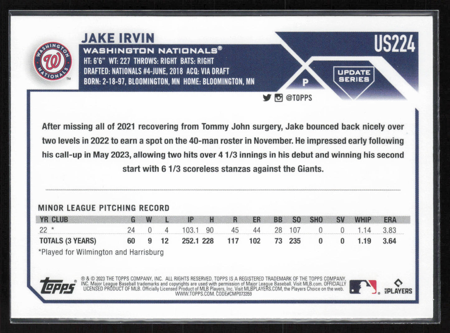 2023 Topps Update #US224 Jake Irvin Orange and Black Foil