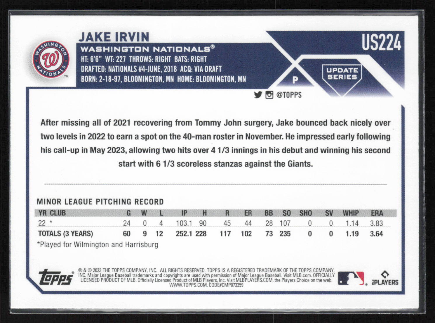 2023 Topps Update #US224 Jake Irvin Orange and Black Foil