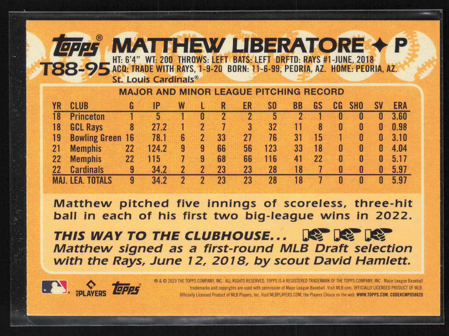 2023 Topps #T88-95 Matthew Liberatore 1988 Topps Baseball 35th Anniversary Blue